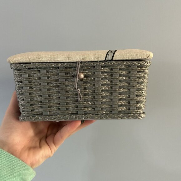 Sewing Sew Basket Box Jewelry Gray Rattan Wicker Seamstress Storage - Picture 2 of 9